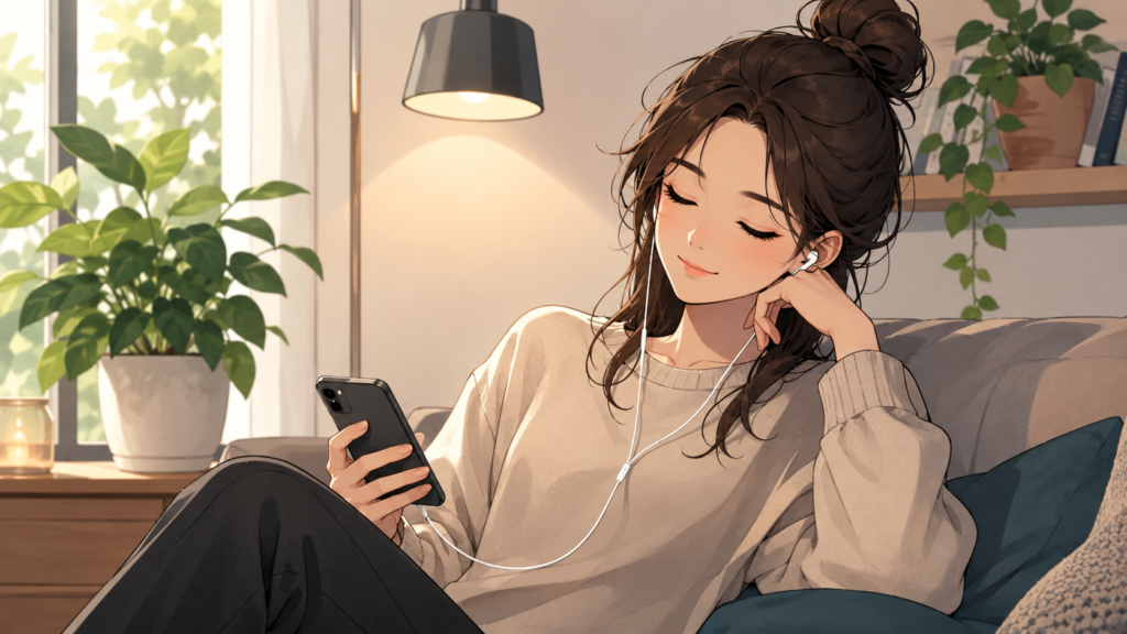유선 이어폰으로 음악 듣는 모습