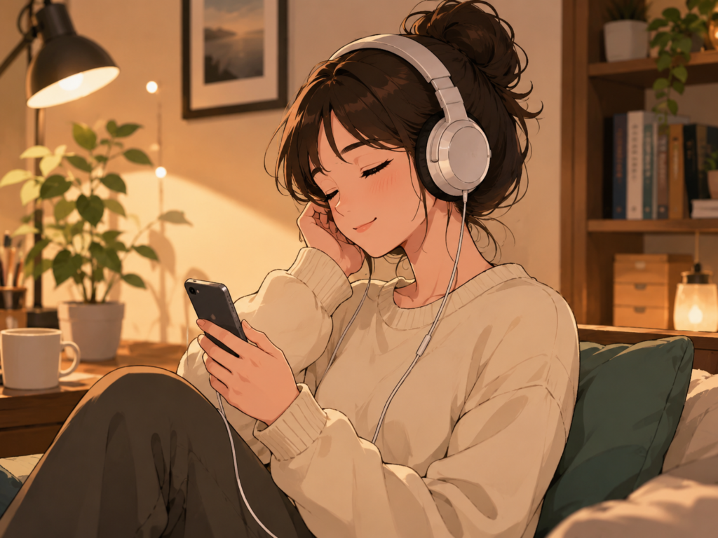 유선 헤드폰으로 노래 듣는 모습