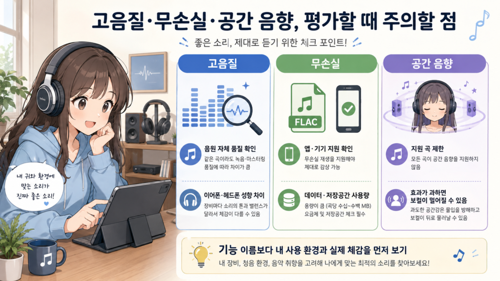 고음질, 무손실, 공간 음향을 볼 때 주의할 점