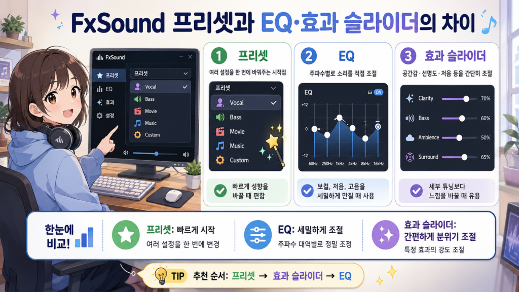 FxSound 프리셋과 EQ·효과 슬라이더의 차이