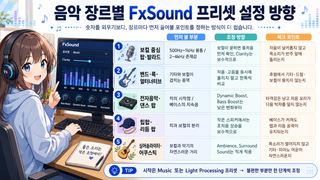 음악 장르별 FxSound 프리셋 설정 방향