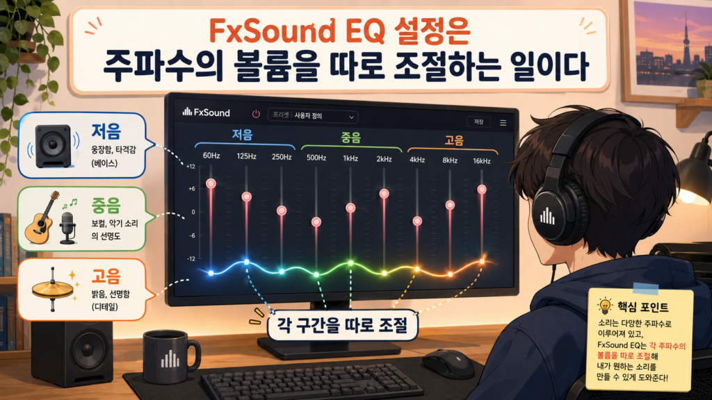 FxSound EQ 설정은 주파수의 볼륨을 따로 조절하는 일이다