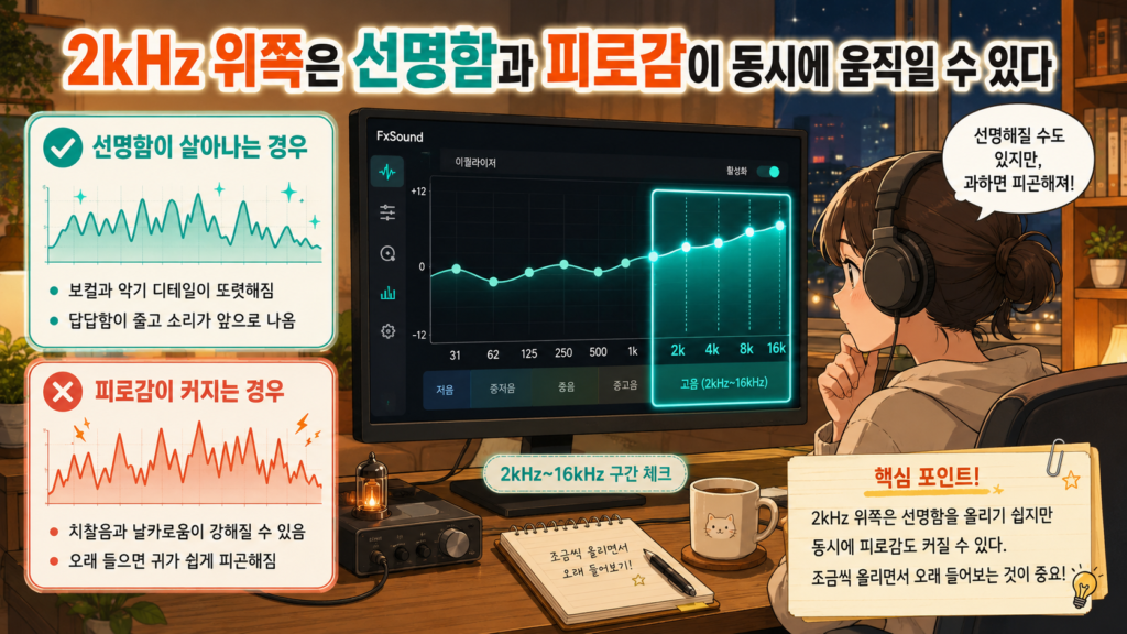 2kHz 위쪽은 선명함과 피로감이 동시에 움직일 수 있다