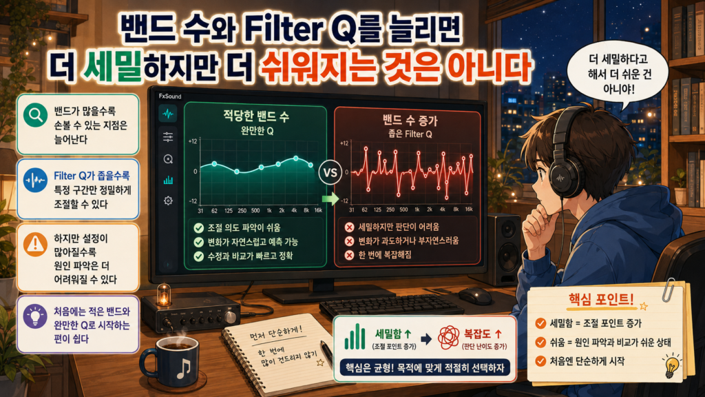 밴드 수와 Filter Q를 늘리면 더 세밀하지만 더 쉬워지는 것은 아니다