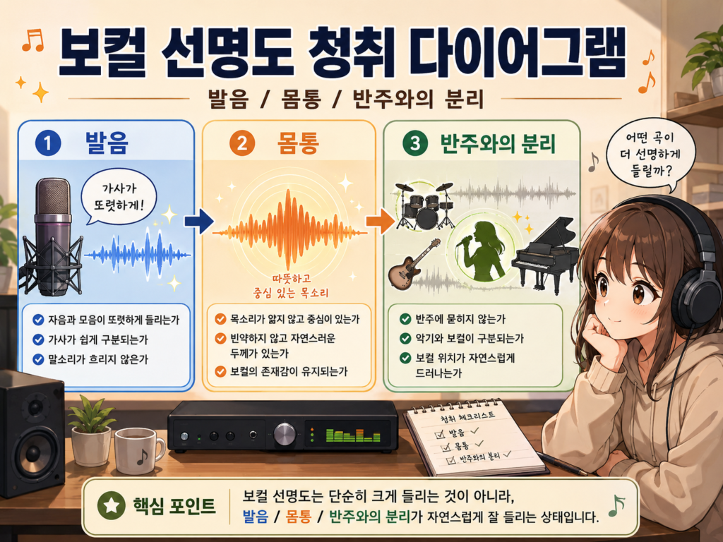 직접 들을 때는 발음·몸통·분리감을 세 번 나눠 듣는다